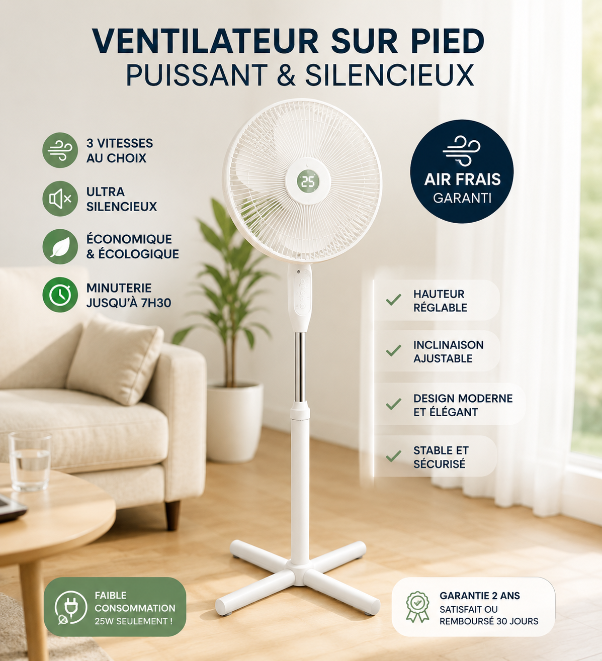 Ventilateur sur pied FORTYNA™ | Ultra-silencieux • 3 vitesses • Hauteur réglable